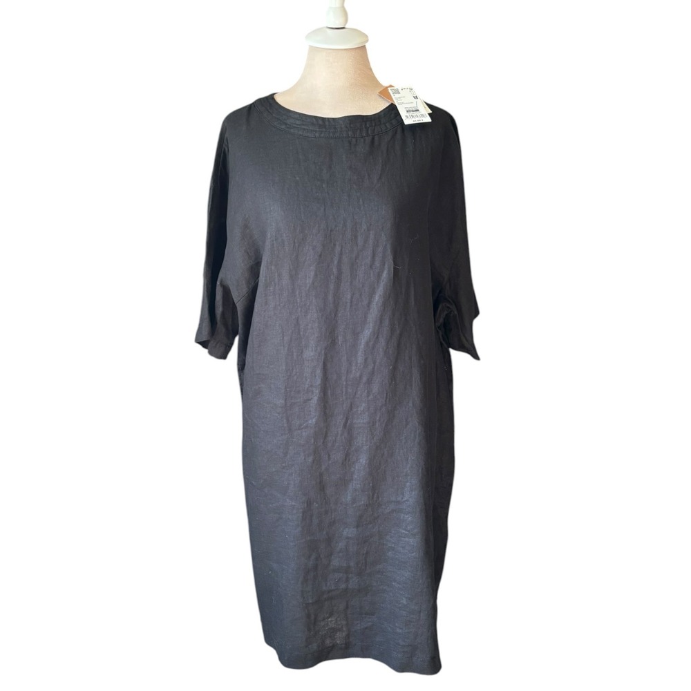 Monoprix Womens 100% Linen Shift Dress Black Short Sleeve Relaxed Fit Size M NWT
